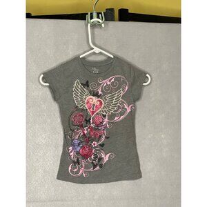 Girls S Graphic Tee The Childrens Place Gray Pink Roses Heart Wings Short Sleeve